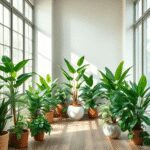 Un espace intérieur calme avec des plantes vertes luxuriantes disposées harmonieusement, baignées de douce lumière naturelle créant une atmosphère ...