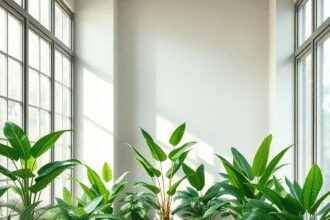 Un espace intérieur calme avec des plantes vertes luxuriantes disposées harmonieusement, baignées de douce lumière naturelle créant une atmosphère ...