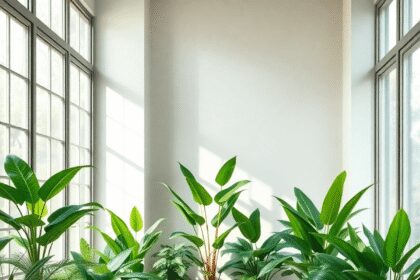Un espace intérieur calme avec des plantes vertes luxuriantes disposées harmonieusement, baignées de douce lumière naturelle créant une atmosphère ...
