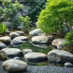 Un jardin zen japonais serein avec des pierres lisses, de l'eau tranquille et des plantes vertes luxuriantes, créant une atmosphère paisible pour l...