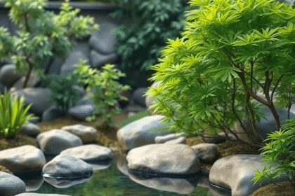 Un jardin zen japonais serein avec des pierres lisses, de l'eau tranquille et des plantes vertes luxuriantes, créant une atmosphère paisible pour l...