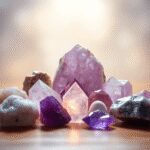Une arrangement serein d'améthystes et de cristaux de guérison brillant doucement contre un fond paisible symbolisant le soulagement du stress et l...