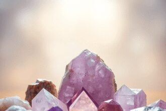 Une arrangement serein d'améthystes et de cristaux de guérison brillant doucement contre un fond paisible symbolisant le soulagement du stress et l...