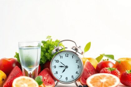Une image brillante et réaliste montrant des fruits frais, un verre d'eau et une horloge représentant le jeûne intermittent sur un fond propre symb...