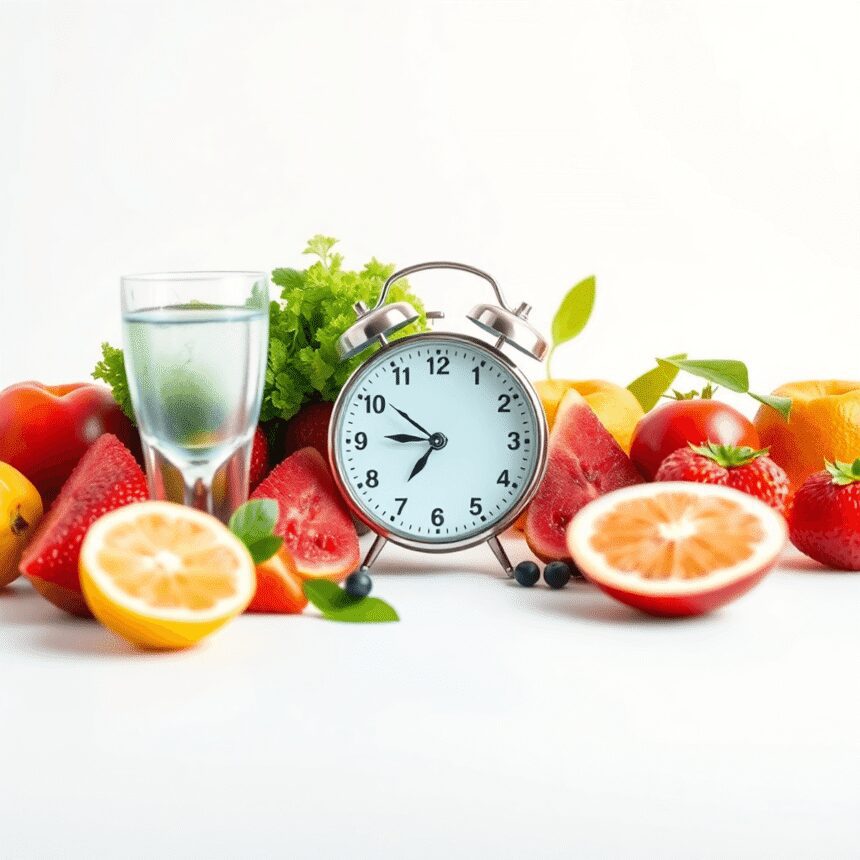 Une image brillante et réaliste montrant des fruits frais, un verre d'eau et une horloge représentant le jeûne intermittent sur un fond propre symb...