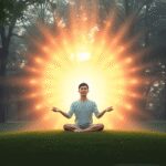 Une personne méditant en tailleur sur l'herbe, entourée d'un champ d'énergie vibrant, avec une lumière douce filtrant à travers les arbres, transme...