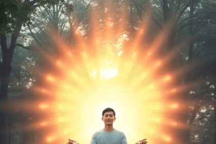Une personne méditant en tailleur sur l'herbe, entourée d'un champ d'énergie vibrant, avec une lumière douce filtrant à travers les arbres, transme...
