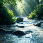 Une scène paisible avec de l'eau qui s'écoule, une végétation luxuriante et une douce lumière du soleil, symbolisant l'harmonie et l'équilibre dans...