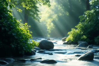 Une scène paisible avec de l'eau qui s'écoule, une végétation luxuriante et une douce lumière du soleil, symbolisant l'harmonie et l'équilibre dans...