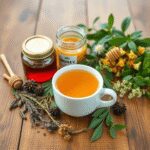 Une tasse chaude de tisane aux plantes médicinales fraîches et un pot de miel sur une table en bois, symbolisant le soulagement naturel du stress e...