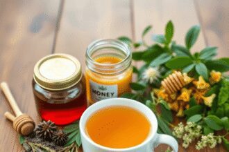 Une tasse chaude de tisane aux plantes médicinales fraîches et un pot de miel sur une table en bois, symbolisant le soulagement naturel du stress e...