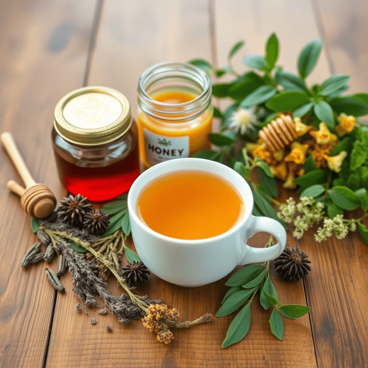 Une tasse chaude de tisane aux plantes médicinales fraîches et un pot de miel sur une table en bois, symbolisant le soulagement naturel du stress e...