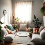 Coin de maison douillet avec des coussins, des bougies, des cristaux et des plantes baignés de douce lumière naturelle, créant une atmosphère paisi...