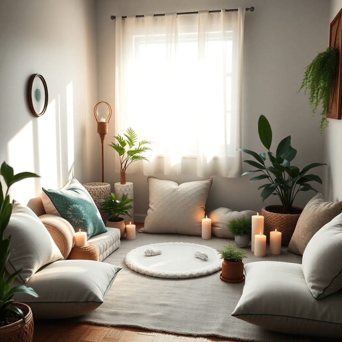 Coin de maison douillet avec des coussins, des bougies, des cristaux et des plantes baignés de douce lumière naturelle, créant une atmosphère paisi...