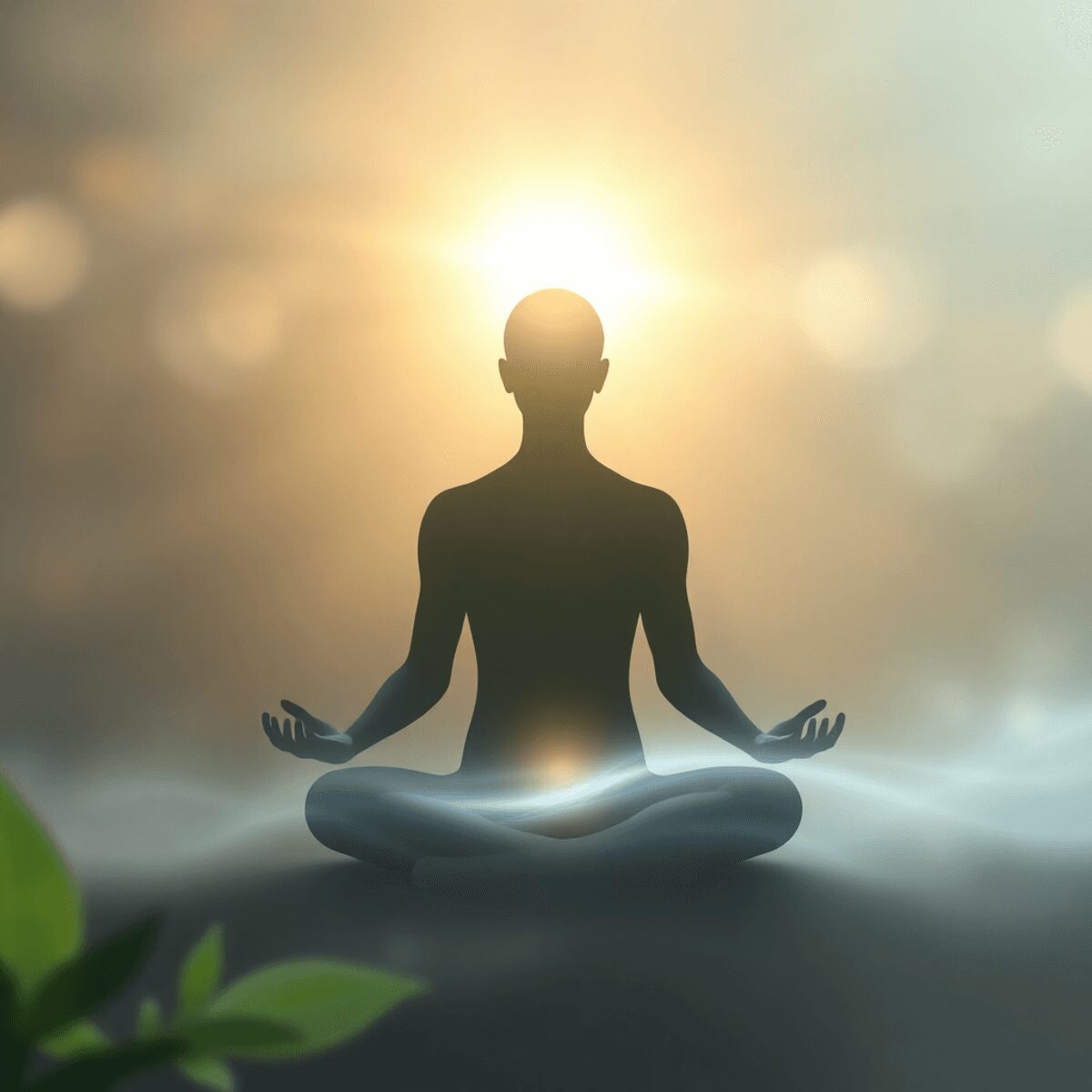 Silhouette méditant au milieu d'une lumière éclatante et de vagues abstraites fluides avec des motifs subtils de feuilles et de fleurs, évoquant le...