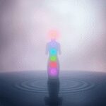 Symboles de chakra colorés et lumineux alignés sur une silhouette humaine avec des vagues sonores douces s'écoulant autour, le tout sur un fond abs...