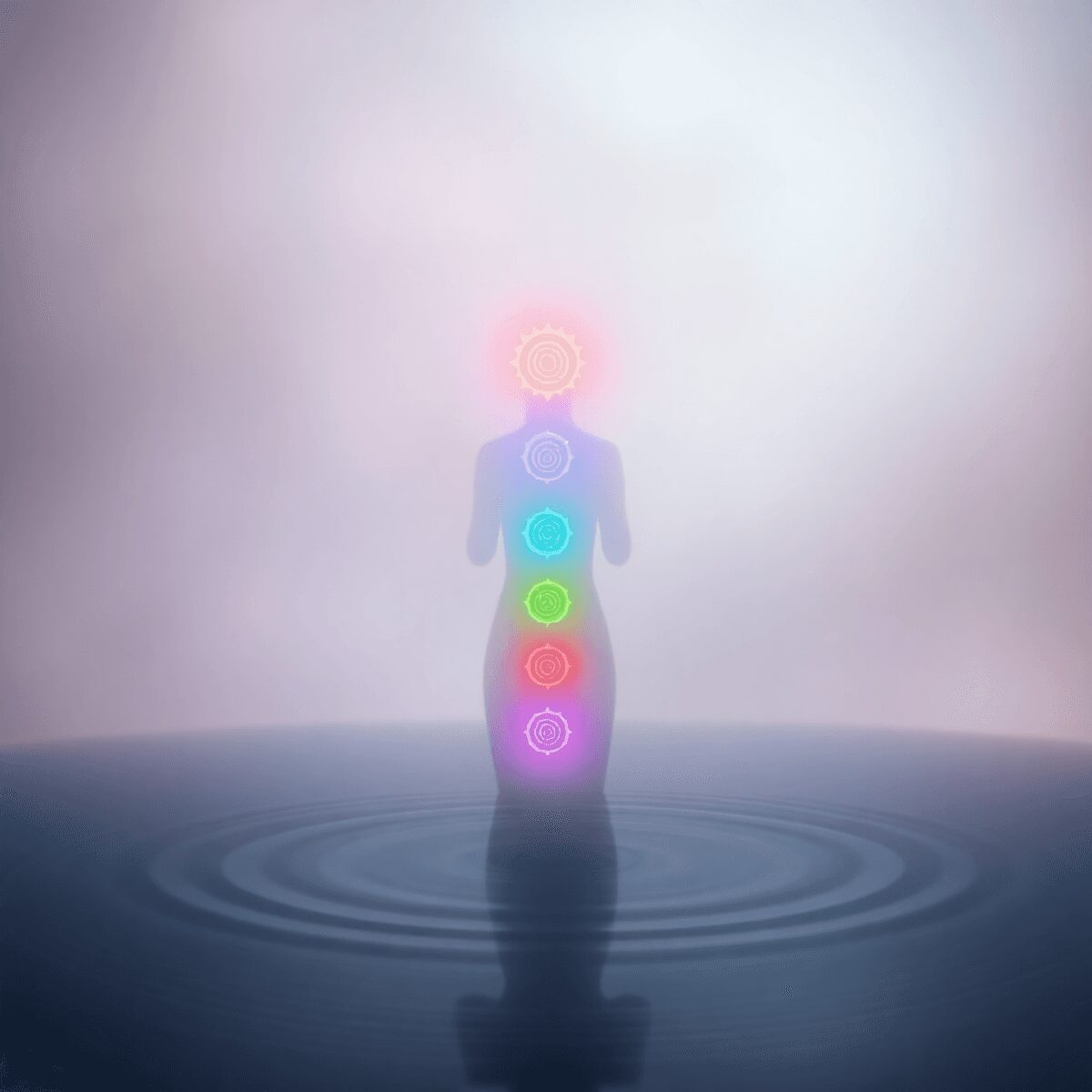 Symboles de chakra colorés et lumineux alignés sur une silhouette humaine avec des vagues sonores douces s'écoulant autour, le tout sur un fond abs...