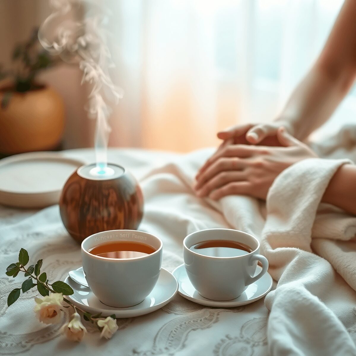 Tasse de thé aux herbes réconfortante, brume d'un diffuseur d'huiles essentielles, et mains se massant elles-mêmes sur un fond doux et chaud dans u...