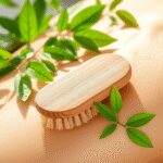 Une brosse de corps sèche en bois naturel sur une peau lisse avec de la lumière du soleil et des feuilles vertes, symbolisant la santé et le bien-ê...