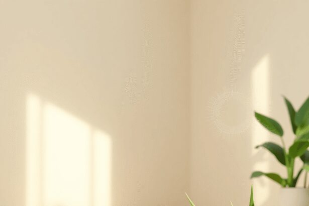 Une salle de yoga calme avec un éclairage doux, des bouteilles d'huiles essentielles, une plante d'aloe vera et des visuels subtils représentant le...