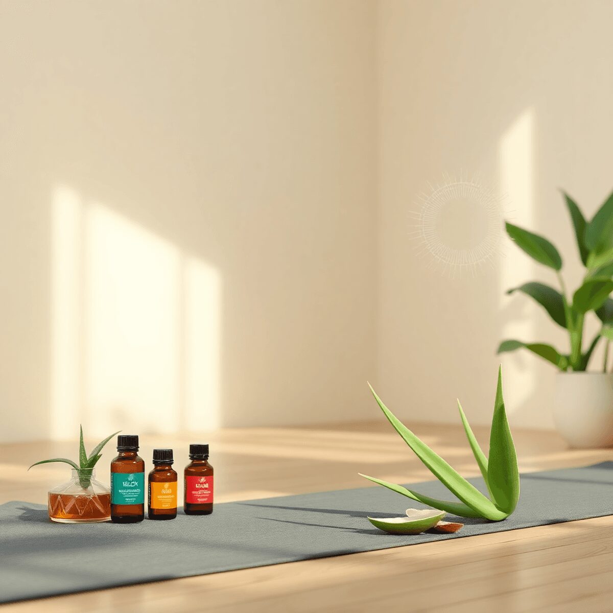 Une salle de yoga calme avec un éclairage doux, des bouteilles d'huiles essentielles, une plante d'aloe vera et des visuels subtils représentant le...