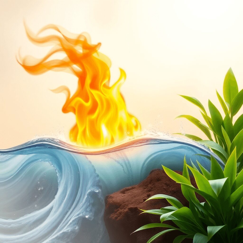 Une scène sereine montrant des vents et des nuages tourbillonnants, des flammes de feu vibrantes se mêlant à de l'eau fluide, et une terre solide a...