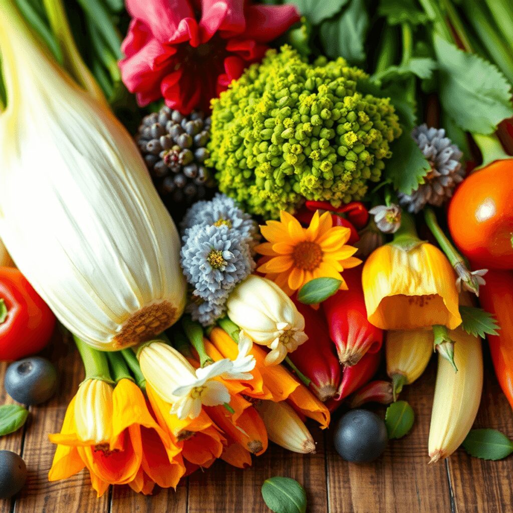 Gros plan de fleurs comestibles colorées disposées de manière artistique sur une table en bois rustique, représentant la santé naturelle et le bien...