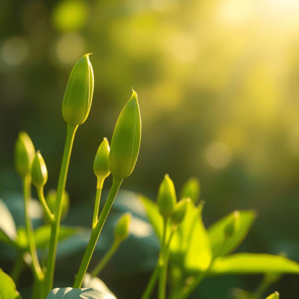 Gros plan de jeunes bourgeons de plantes vertes fraîches et de jeunes pousses illuminés par la lumière naturelle, sur un fond naturel flou et doux.