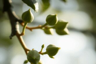 Gros plan de jeunes bourgeons et pousses vertes fraîches d'un arbre dans une lumière naturelle douce, symbolisant les effets apaisants et de guéris...