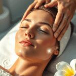 Gros plan d'une femme recevant un doux massage facial dans un cadre de spa serein avec un éclairage doux et des vagues de lumière subtiles symbolis...