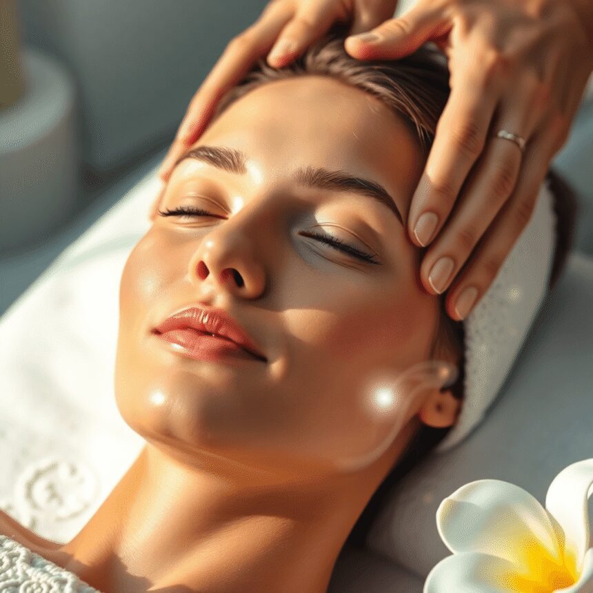 Gros plan d'une femme recevant un doux massage facial dans un cadre de spa serein avec un éclairage doux et des vagues de lumière subtiles symbolis...