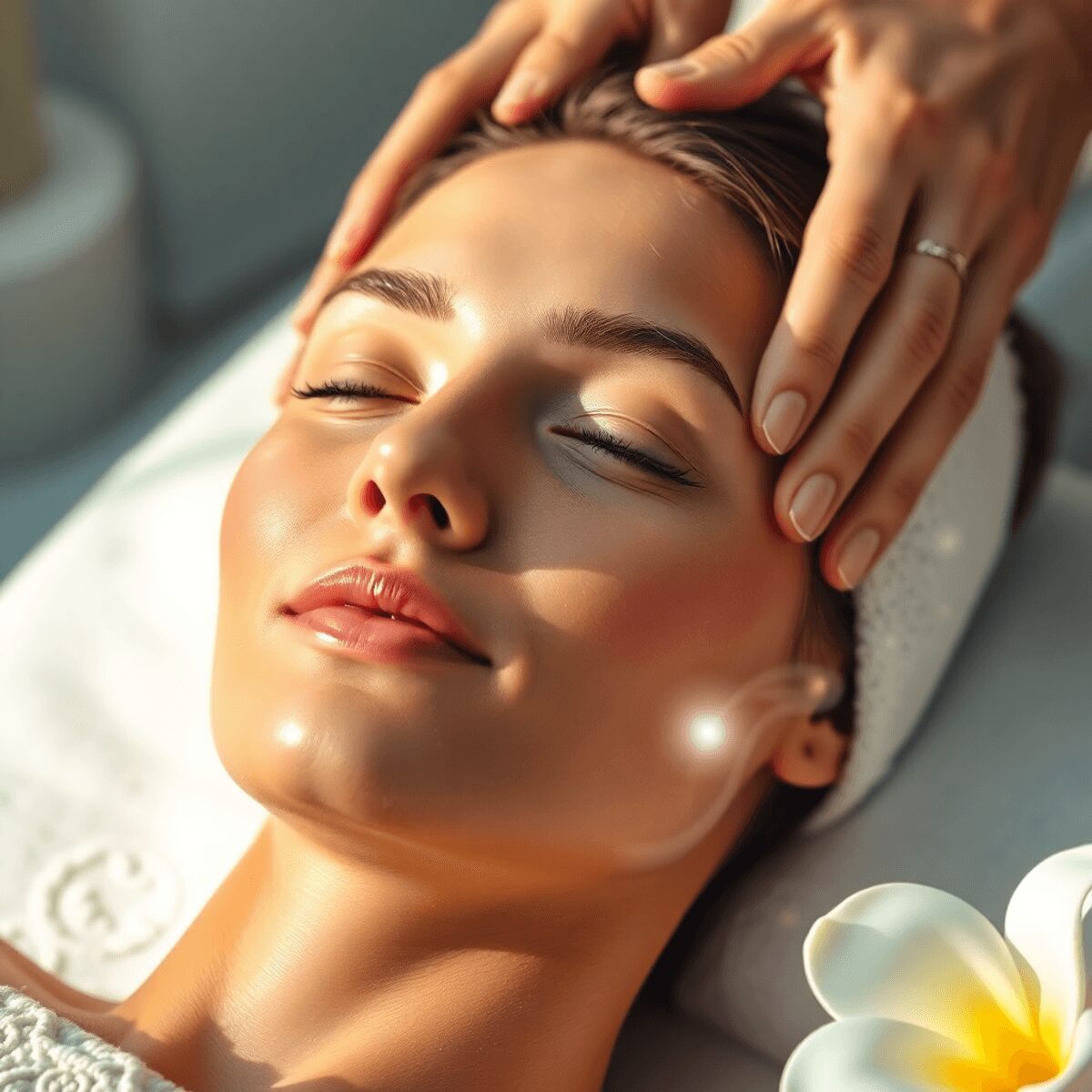 Gros plan d'une femme recevant un doux massage facial dans un cadre de spa serein avec un éclairage doux et des vagues de lumière subtiles symbolis...