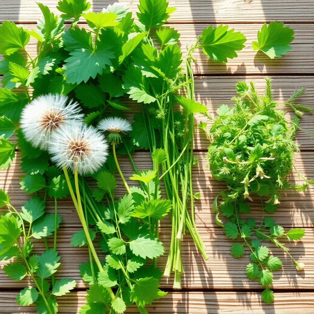 Cures saisonnières détox : quelles plantes choisir selon votre constitution naturopathique ? Plantes médicinales fraîches comprenant du pissenlit, du chardon-Marie et de l'ortie sur une surface en bois avec une douce lumière du soleil filtr...