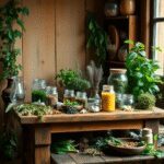 Table en bois rustique avec des herbes médicinales fraîches, des plantes séchées et des bocaux en verre de remèdes naturels, évoquant les pratiques...