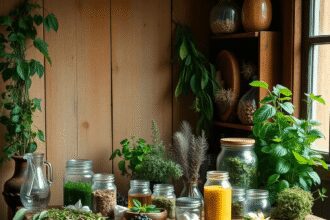 Table en bois rustique avec des herbes médicinales fraîches, des plantes séchées et des bocaux en verre de remèdes naturels, évoquant les pratiques...