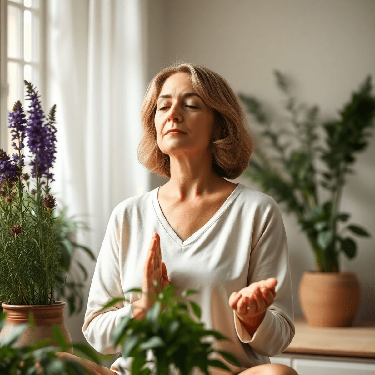 Ménopause et naturopathie : solutions innovantes pour traverser cette étape sereinement en 2025 Une femme d'âge moyen pratiquant des exercices de respiration dans une pièce lumineuse entourée de plantes aromatiques et de couleurs terre apaisan...
