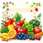 Une illustration vibrante de fruits et légumes frais de saison avec des éléments subtils des quatre saisons en arrière-plan, symbolisant l'énergie ...