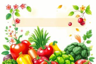 Une illustration vibrante de fruits et légumes frais de saison avec des éléments subtils des quatre saisons en arrière-plan, symbolisant l'énergie ...