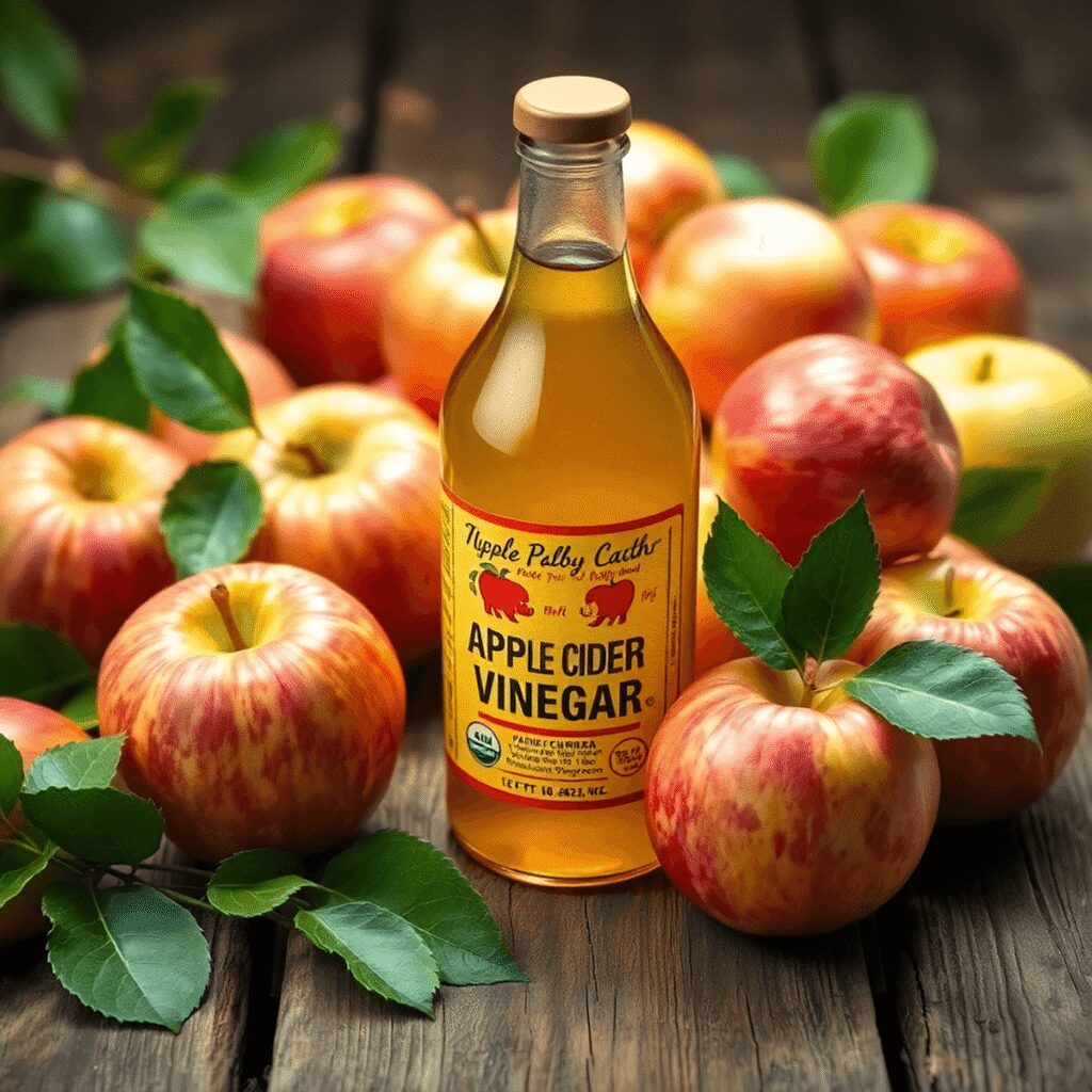 Une table en bois rustique avec une bouteille en verre de vinaigre de cidre de pomme, des pommes fraîches et des feuilles vertes doucement éclairée...
