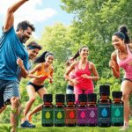 Athlètes pratiquant divers sports en plein air avec des plantes et des bouteilles d'huiles essentielles en arrière-plan, symbolisant la récupératio...