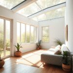 Chambre ensoleillée avec de grandes fenêtres, remplie de lumière naturelle, créant une atmosphère paisible et stimulante axée sur le bien-être et l...