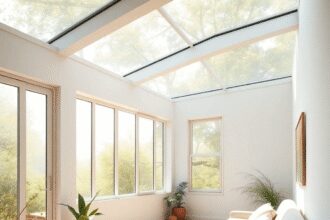 Chambre ensoleillée avec de grandes fenêtres, remplie de lumière naturelle, créant une atmosphère paisible et stimulante axée sur le bien-être et l...