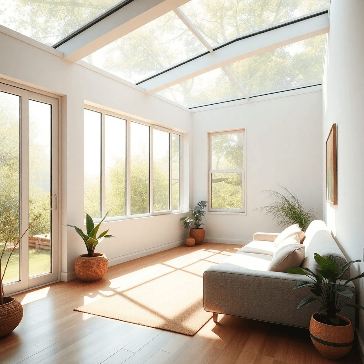 Chambre ensoleillée avec de grandes fenêtres, remplie de lumière naturelle, créant une atmosphère paisible et stimulante axée sur le bien-être et l...