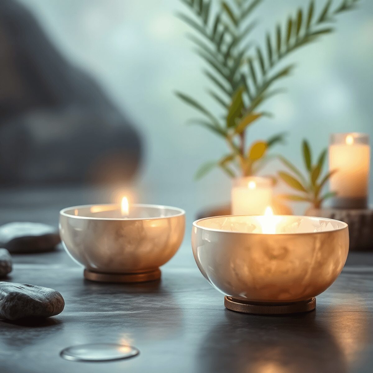 Des bols chantants en cristal émettant une douce lueur avec des ondes lumineuses, entourés de pierres et de plantes dans un cadre naturel paisible ...