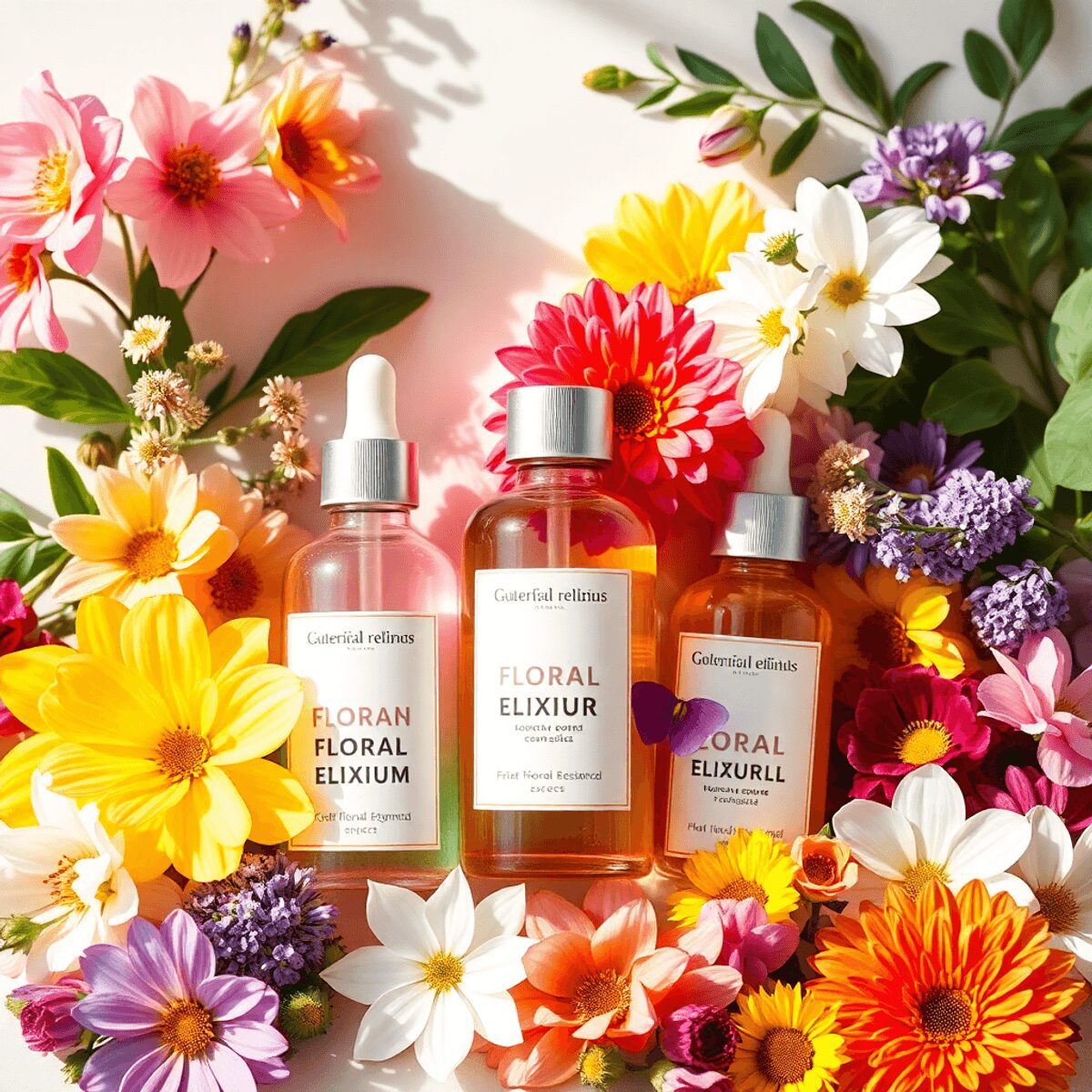 Essences florales colorées et extraits botaniques disposés avec une lumière naturelle douce, mettant en valeur des teintes vibrantes dans une compo...