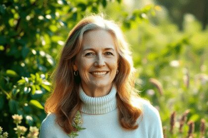 Femme d'âge moyen dans la nature, entourée de plantes vertes et d'herbes, baignée par une douce lumière du soleil, symbolisant la guérison naturell...