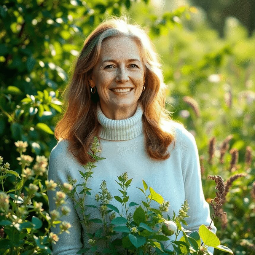 Femme d'âge moyen dans la nature, entourée de plantes vertes et d'herbes, baignée par une douce lumière du soleil, symbolisant la guérison naturell...