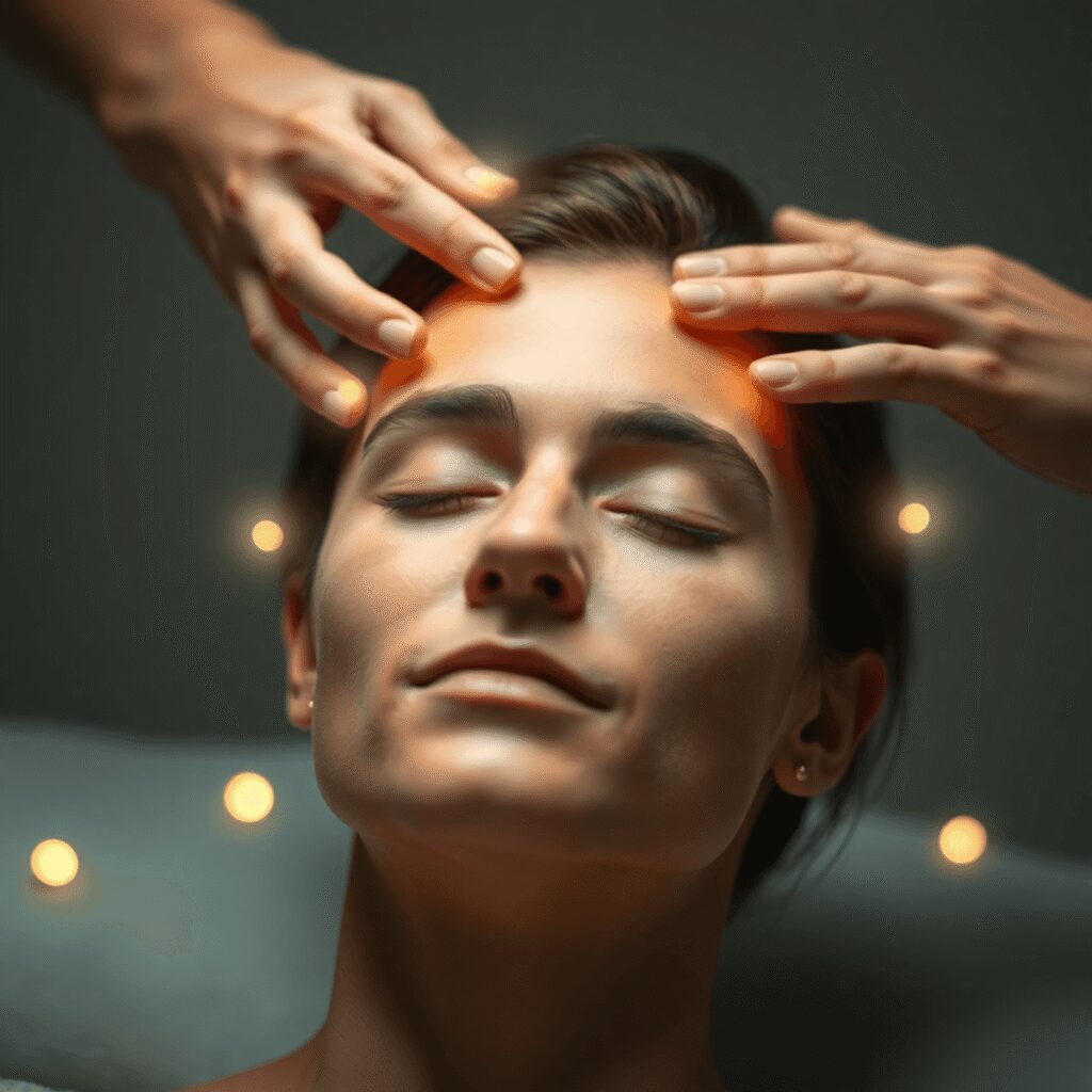 Gros plan sur une personne recevant une thérapie douce par toucher de la tête, entourée de points lumineux doux symbolisant le flux d'énergie et l'...