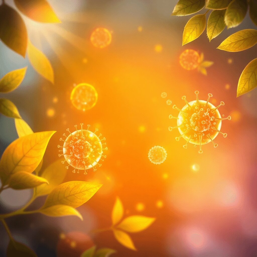 La micro-immunothérapie expliquée : complément naturel ou effet de mode ? Illustration de cellules immunitaires et de molécules lumineuses avec des feuilles et des rayons de lumière, symbolisant la santé holistique et la ...