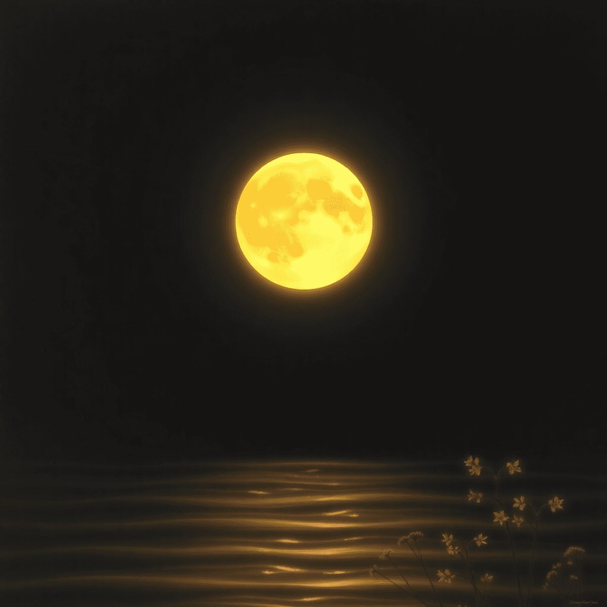 Lune pleine brillamment illuminée au-dessus d'un paysage calme avec une douce lumière se reflétant sur des vagues douces et des plantes dans un cie...